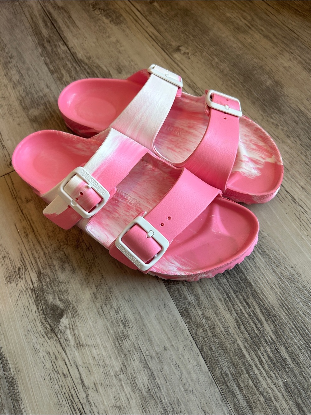 Pink and white womens Slide Sandals with Adjustable Buckles Birkenstocks EUC